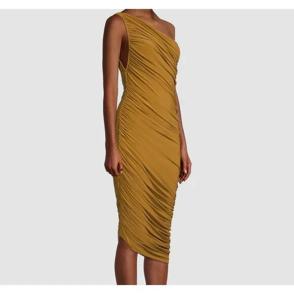 $205 Norma Kamali Diana Women's Gold Diana Ruched One-Shoulder Dress Size XS/34 - Picture 1 of 5